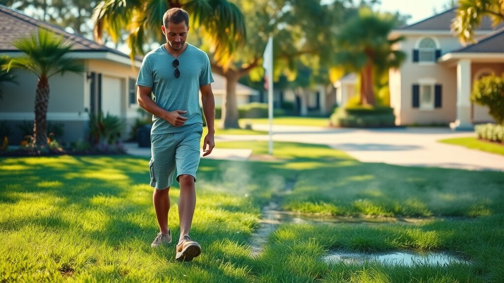 septic system inspection eustis fl - Concerned Florida homeowner inspecting their yard for septic tank failure, with soggy grass, in a sunlit lush neighborhood.