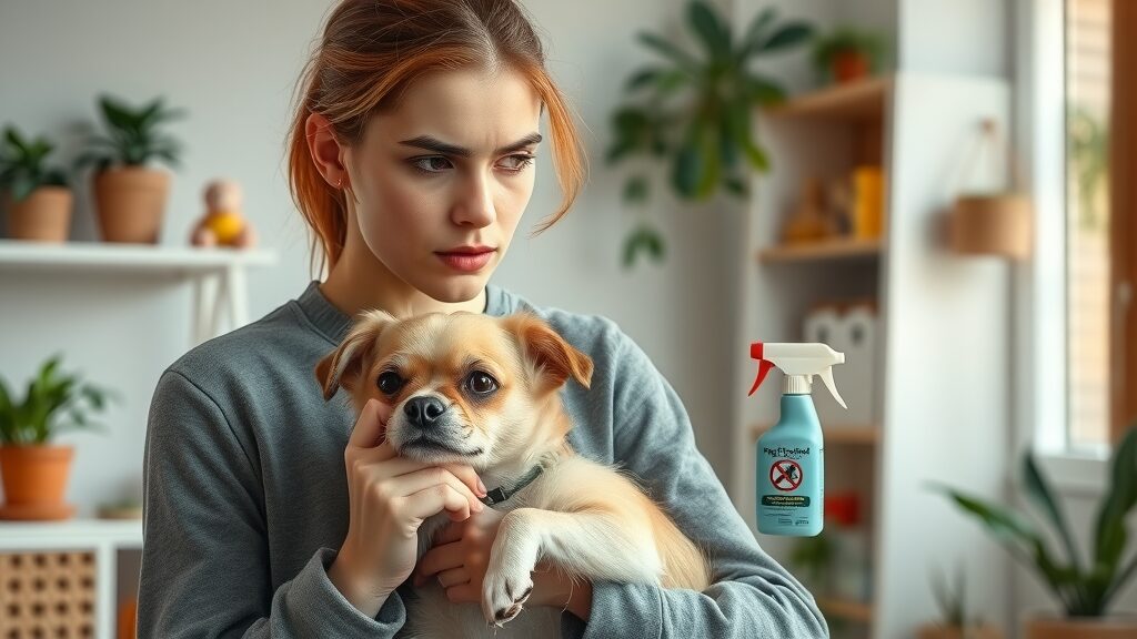 concerned dog owner holding a small dog, alert expression, glancing at pest control spray on a shelf, Photorealistic High Fidelity Lifelike, home interior with potted plants and child’s toys in background, highly detailed, dynamic moment of hesitation, neutral tones, natural daylight, shot with a 50mm lens. Non-toxic pest control for dogs in home
