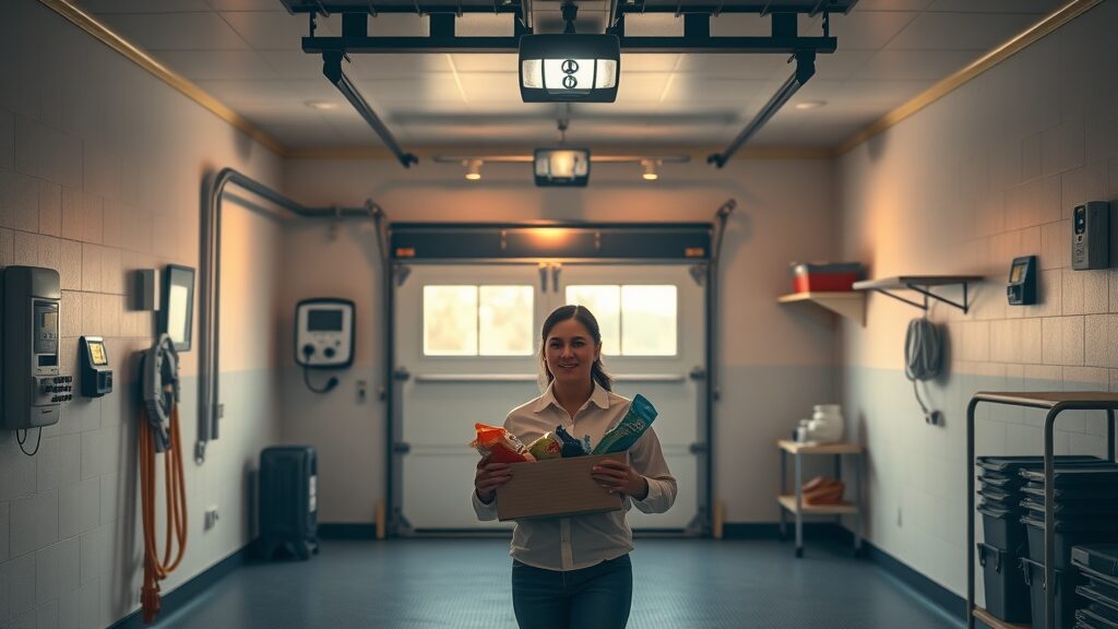 secure smart garage interior, illuminated, devices showing notifications, smart garage door systems security