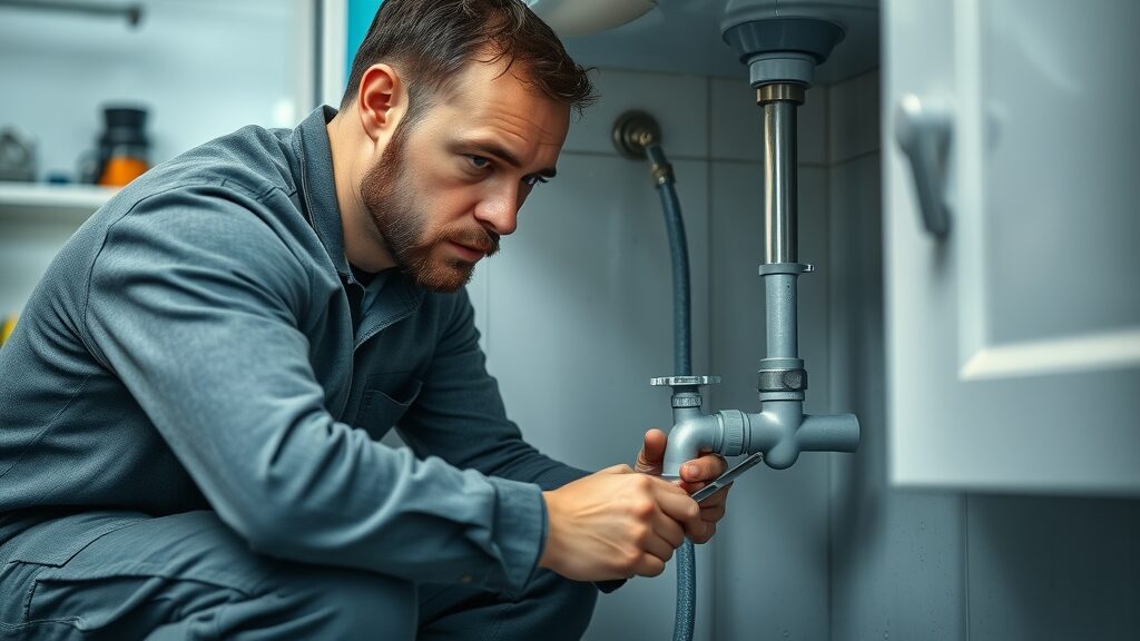 emergency handyman Eustis fixing leaking pipe under kitchen sink, water repair, tools in tidy home interior