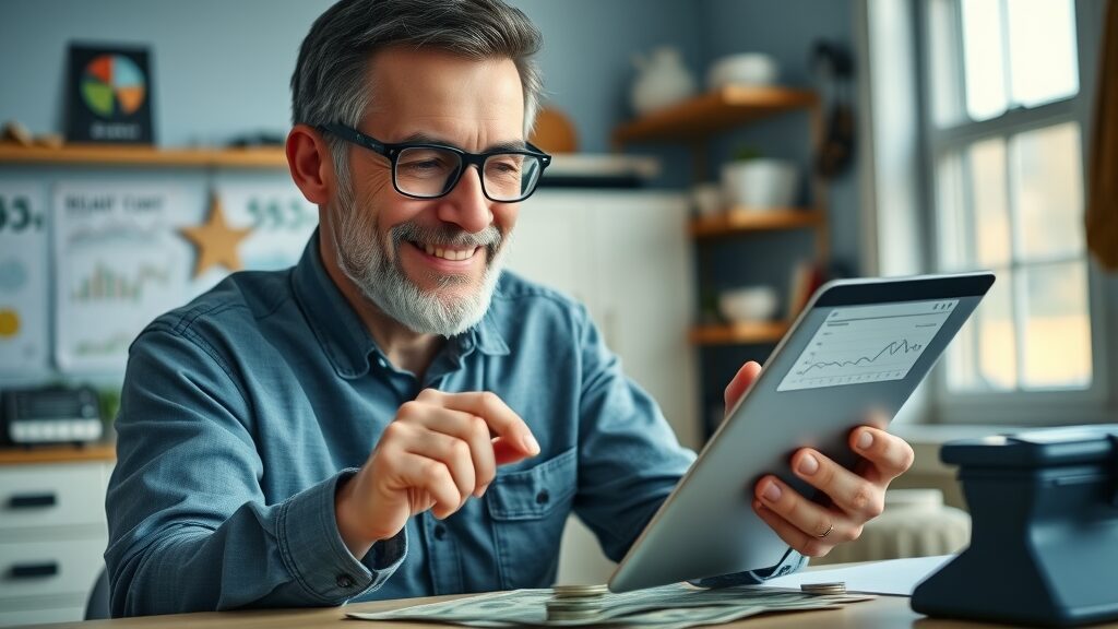 content homeowner using calculator to review savings from automatic door sensors with charts, bills, and bright modern workspace