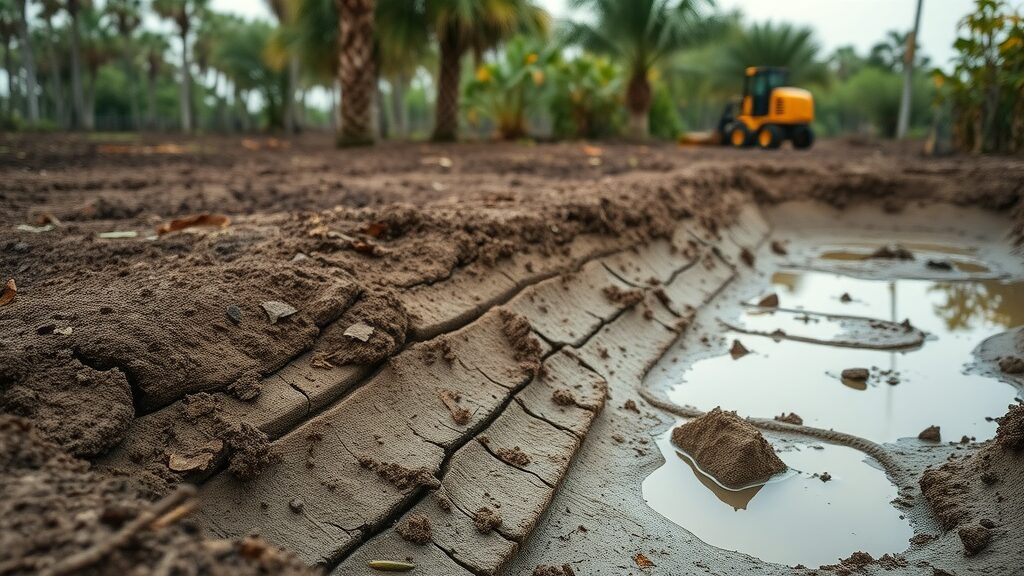 Close-up of damaged drain field requiring 24/7 septic system repair Florida, muddy soil, pooling water, Florida native plants, realistic detail.