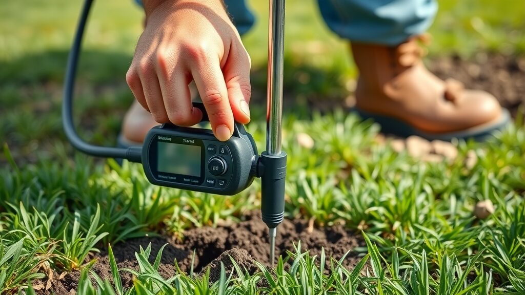 Close-up of professional drain field inspection tools on Florida lawn—soil probe, moisture meter for septic drain field repair