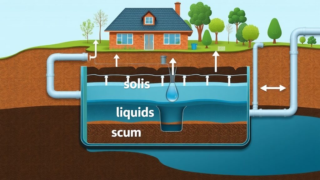 Cutaway illustration of a septic tank showing sludge, liquids, and scum layers, pipes, and water flow