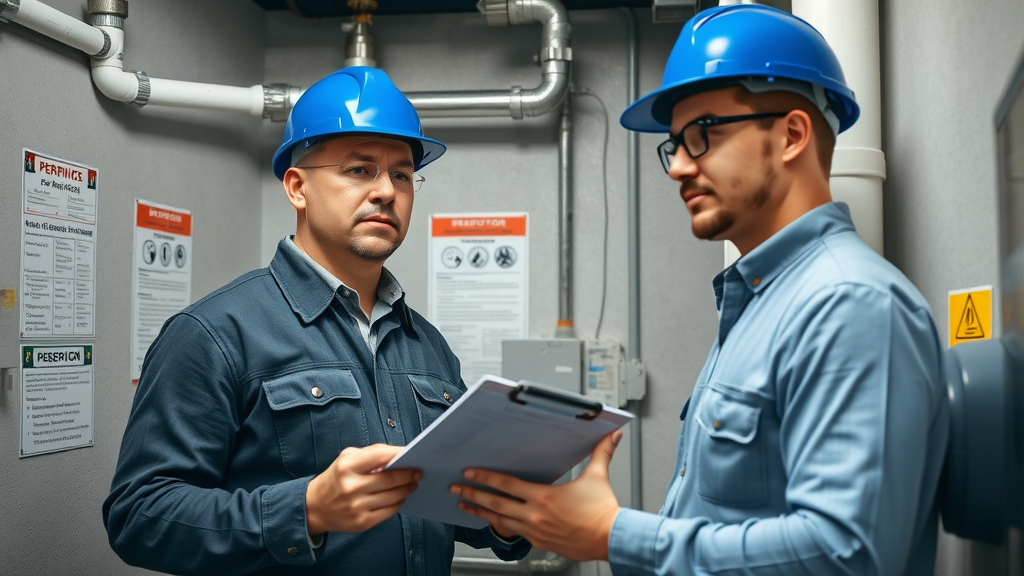 Professional inspector approving commercial plumbing installation in Eustis, utility room, compliance inspection, documented permits