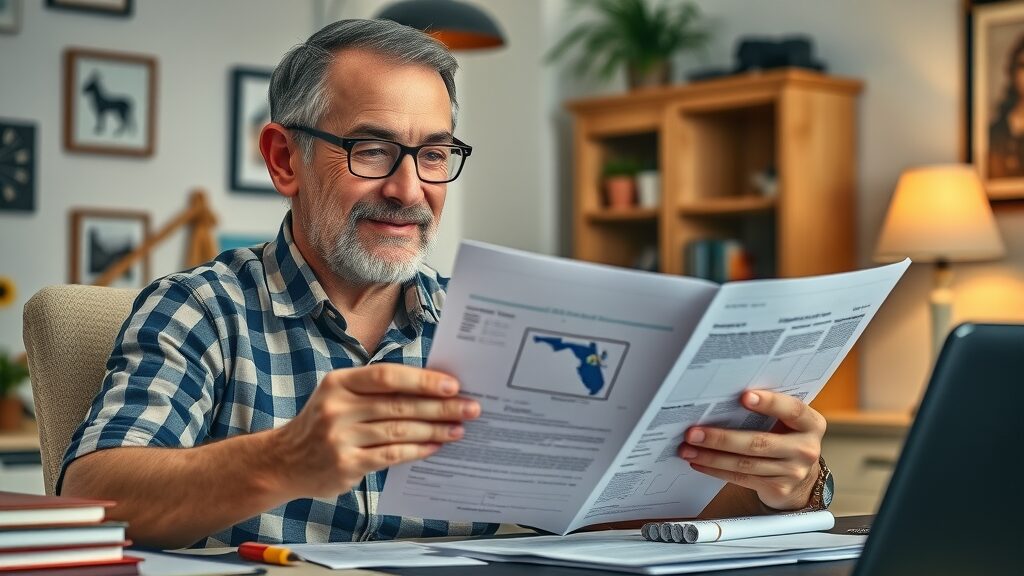 methodical homeowner and licensed handyman Eustis FL reviewing official documents and identification at a home office desk