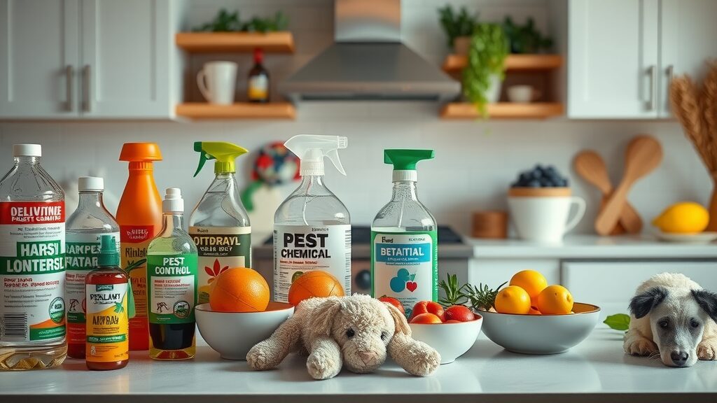 vivid assortment of pest control products, clear contrast between harsh chemicals and natural solutions, labeled bottles and botanicals, Cinematic, clean kitchen countertop with bowls of fruit and dog toy in view, highly detailed, split scene showing aura of safety vs caution, vibrant color, soft diffused lighting, shot with an 85mm lens. Safe pest control products for dogs