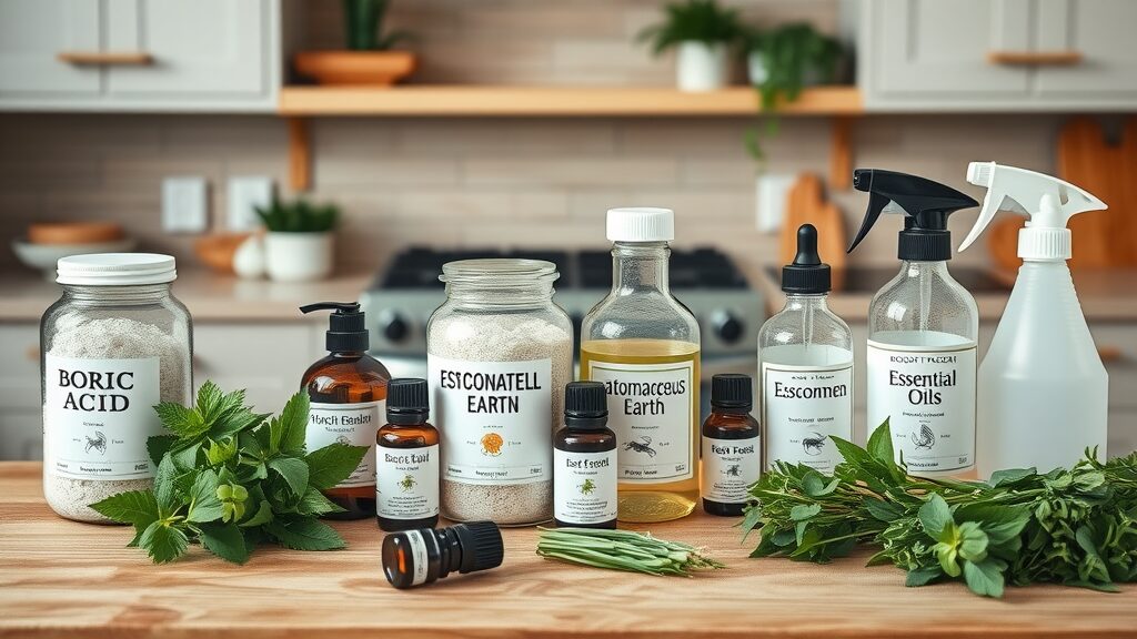 Flat lay of natural pest control solutions: labeled boric acid, diatomaceous earth, essential oils, herbs, on a kitchen countertop