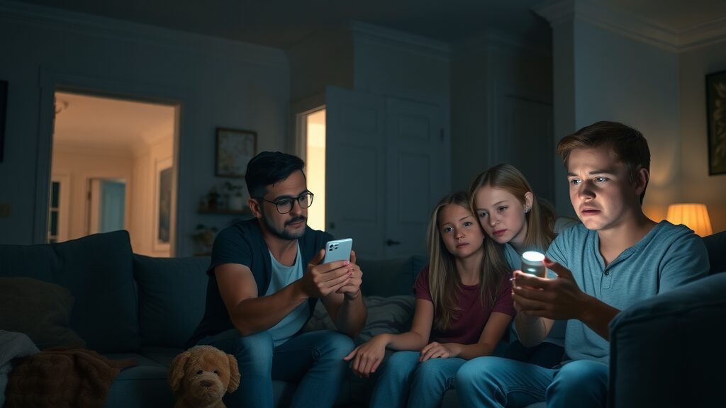 concerned family inside a dark living room during a sudden power outage, checking electrical panel, emergency flashlight glowing. electrical repair eustis homes emergency.