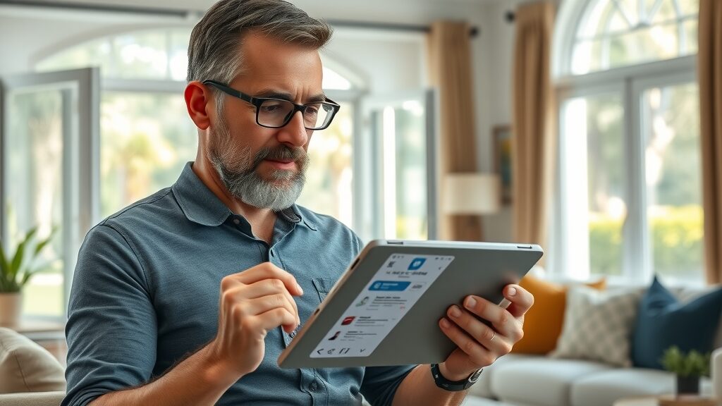 Focused homeowner comparing garage door repair companies and reviews on tablet, Florida greenery outside window