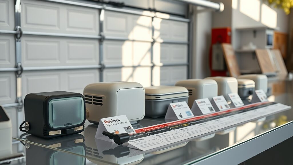 Line-up of top garage door auto-close devices compared to classic openers, elegant and clear product display, garage door auto-close solutions