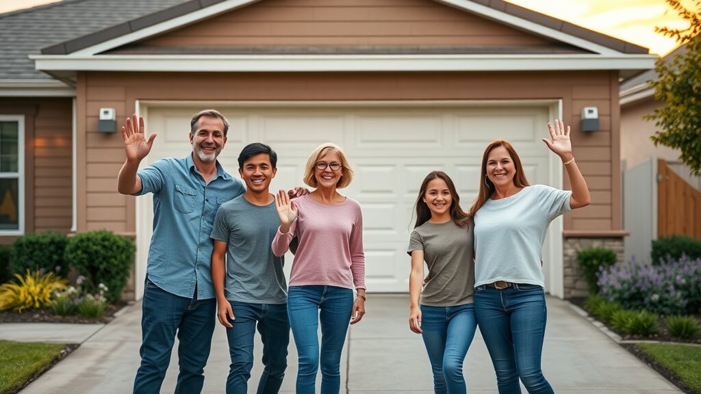 Eustis family celebrating new garage door installation in front of home, security and satisfaction