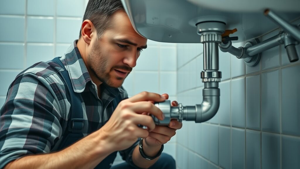 Eustis plumber tightening pipe fitting beneath bathroom sink, focus on plumbing repair Eustis FL