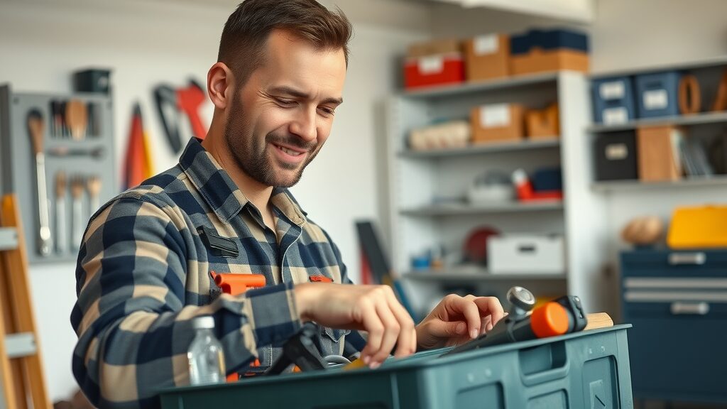 Professional handyman preparing tools for work, friendly, actively organizing toolbox, photorealistic high fidelity lifelike, clean residential garage in the background with organized shelves, highly detailed, some dust floating in the air, natural colors, soft morning lighting, shot with a 50mm lens.