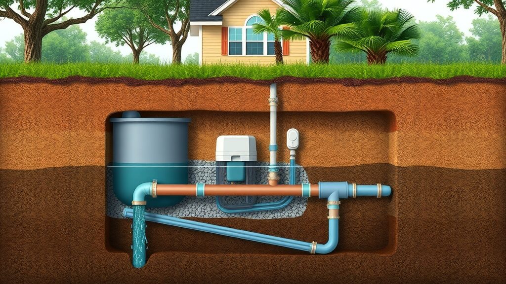 Cross-sectional cutaway illustration of a septic system beneath a Florida yard, showing a septic tank, inlet/outlet pipes, and drainfield for educational demonstration.