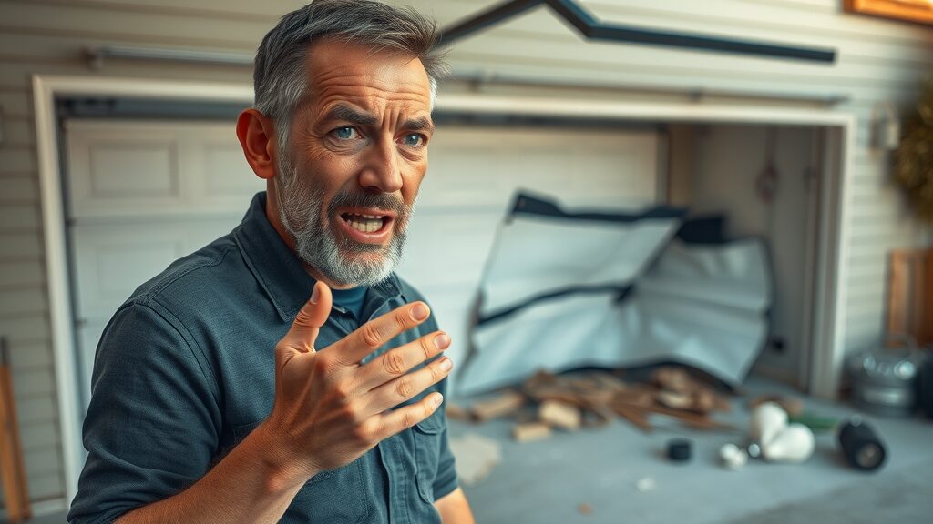 alarming garage accident aftermath with concerned homeowner examining damage caused by absent automatic door sensors in residential garage