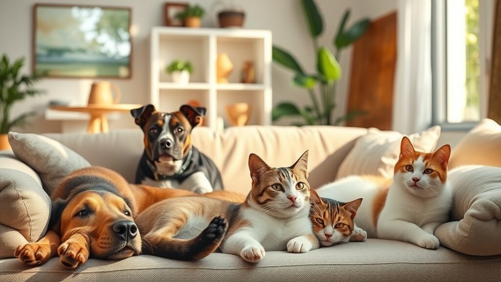 inviting family home with cats and dogs relaxing safely thanks to pet-friendly pest control methods, content expressions, lounging and playing, bright living room interior with visible plants and sunlight