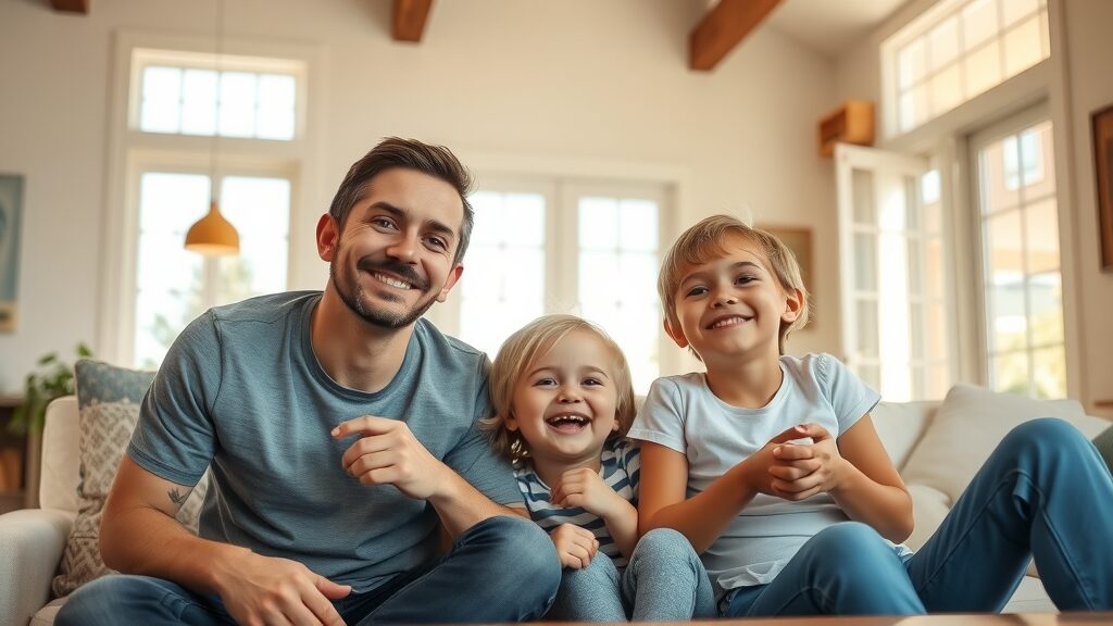 Happy family relaxing in their leak-free Eustis FL home after plumbing repair