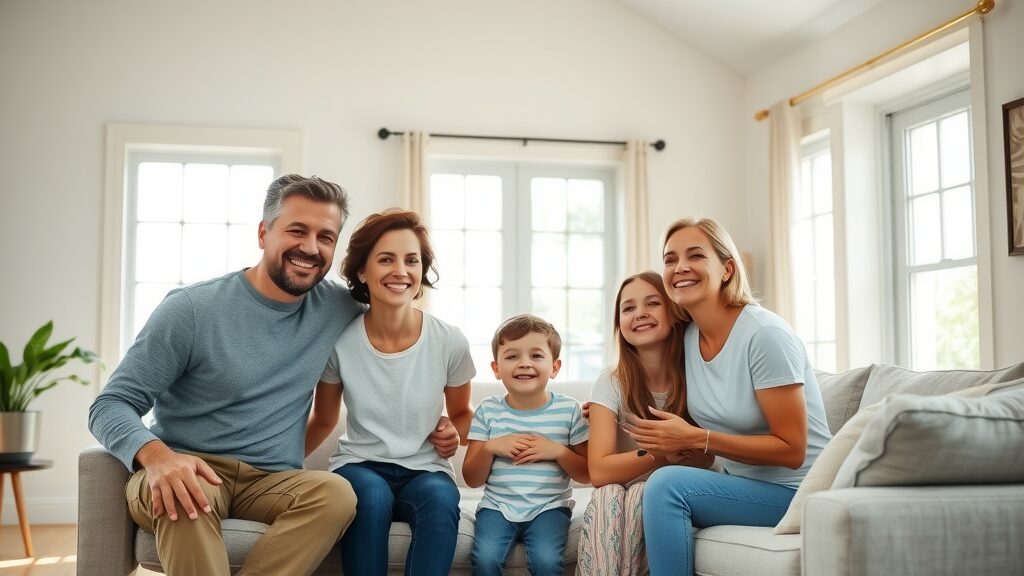 relieved family in a bright, newly repaired Eustis living room smiling and interacting, sunlight streaming through windows, electrical repair eustis homes completed successfully.