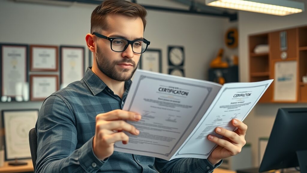 Professional licensed electrician in Eustis reviewing certification documents for home electrical services