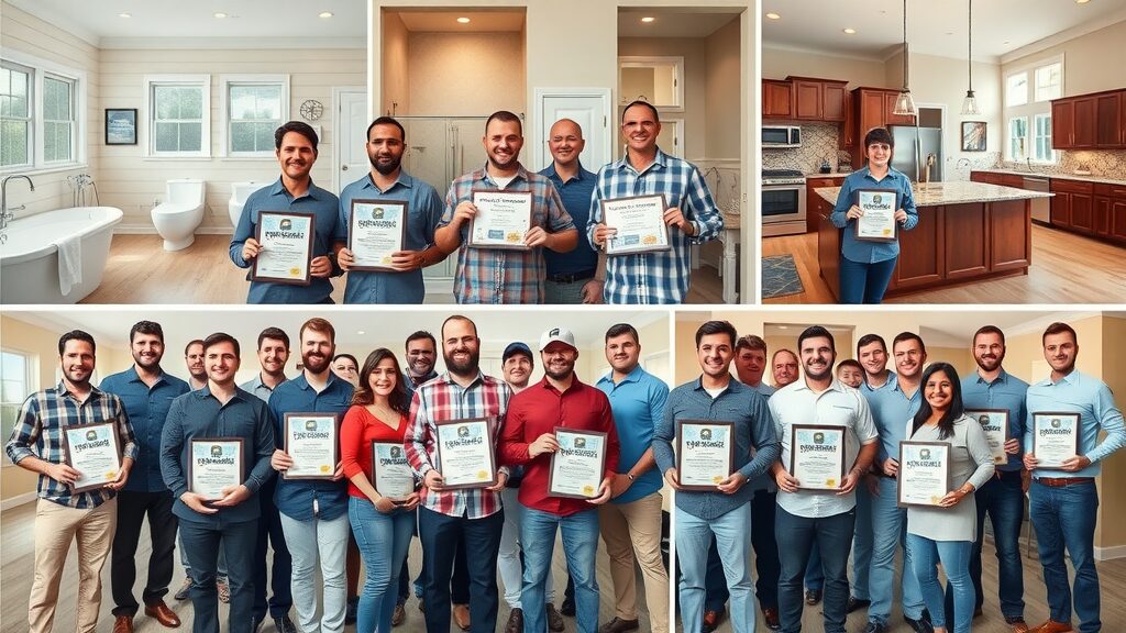 Collage of top-rated Eustis general contractors presenting awards, smiling teams in front of finished kitchen, exterior, and bathroom projects, eustis home improvement general contractor