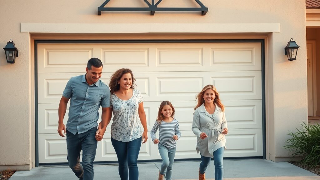 secure modern garage door with automatic door sensors in operation as family walks safely into garage