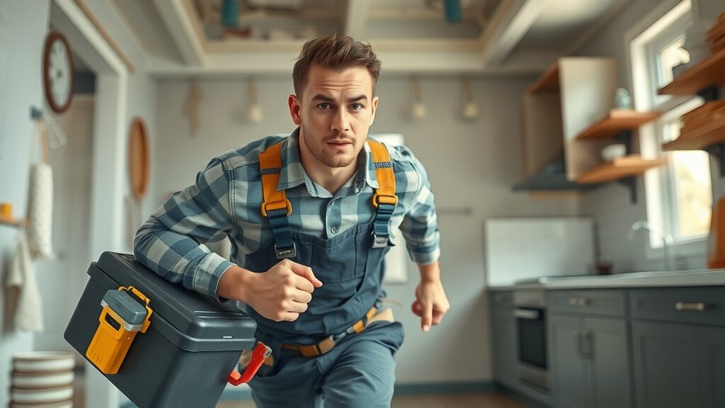 emergency handyman Eustis rushing with toolbox for urgent home repairs in modern kitchen, motion blur, focused expression