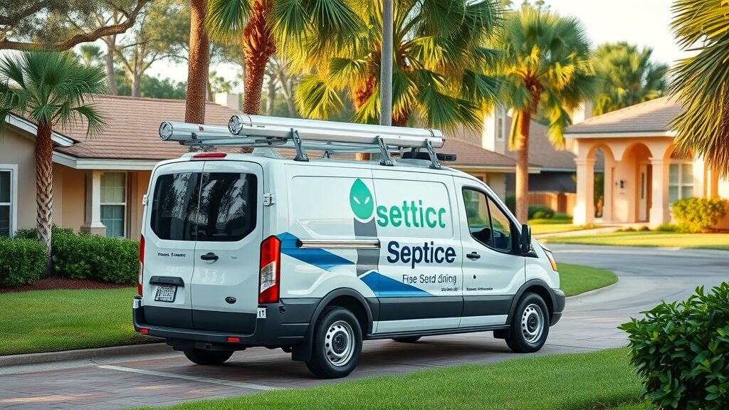 septic tank service van central fl - Service van parked in a Florida neighborhood, technician unloading tools for septic system inspection.