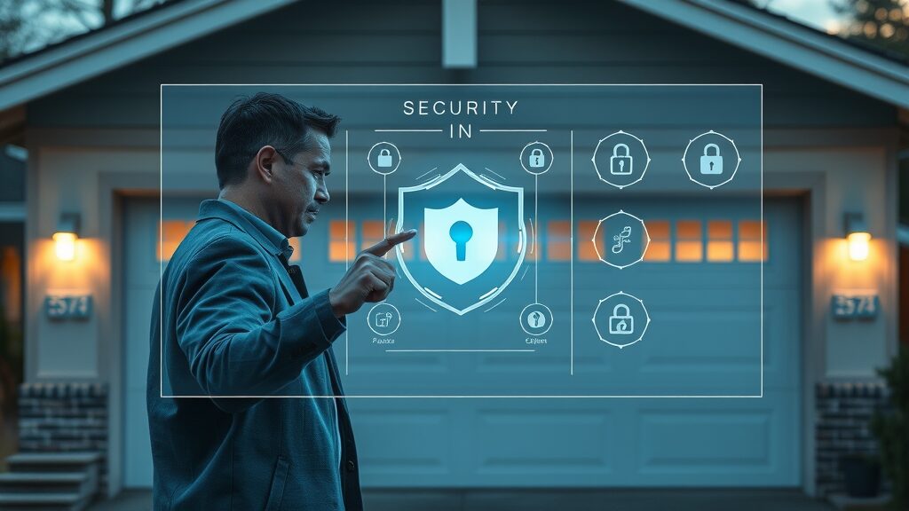 high-tech security interface with smart garage door system, homeowner activating settings, modern security motifs