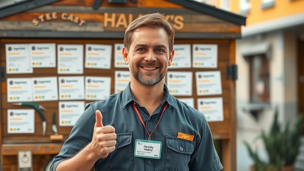 welcoming licensed handyman Eustis FL with badge standing by community board showing positive verified reviews in a town square