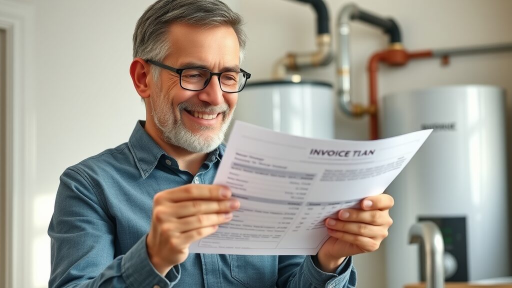 Eustis homeowner reviewing a clear invoice after water heater installation, smiling with new heater in background