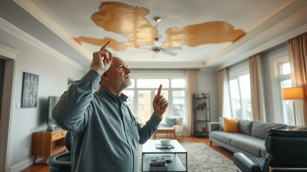 Concerned Eustis homeowner inspecting a ceiling water stain, sign of plumbing repair needed