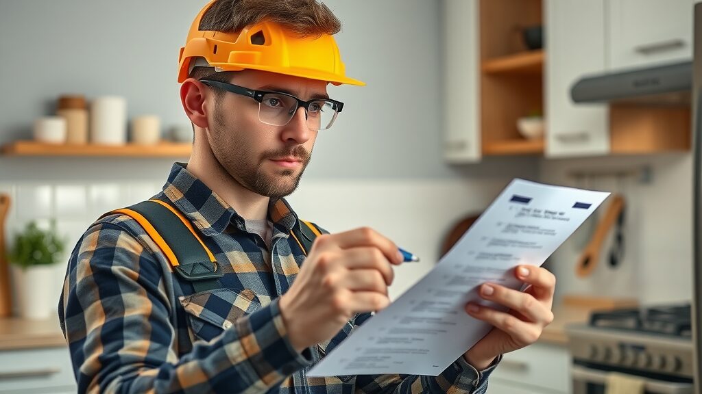 detail-oriented licensed handyman Eustis FL using safety gear, reviewing checklist of completed home repairs in a modern kitchen