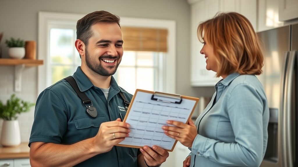 septic system inspection eustis fl schedule - Technician presenting an inspection schedule to a homeowner in a welcoming Florida kitchen.