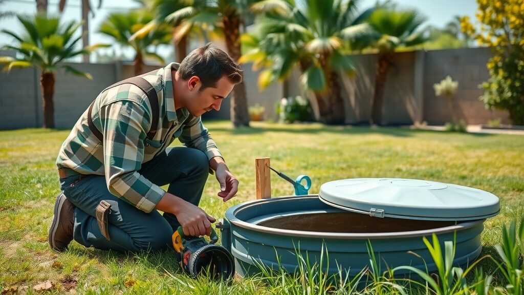 septic tank and field inspection eustis fl - Technician kneeling by open septic tank, inspecting system components in a sunny backyard with palm trees.