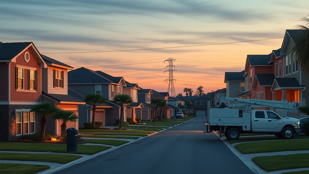modern Eustis neighborhood homes at dusk, calm atmosphere, showing lights on in windows and a utility truck parked, suburban street with palm trees and manicured lawns, power lines in the distance, golden hour natural lighting, wide-angle lens. Electrical repair eustis homes.