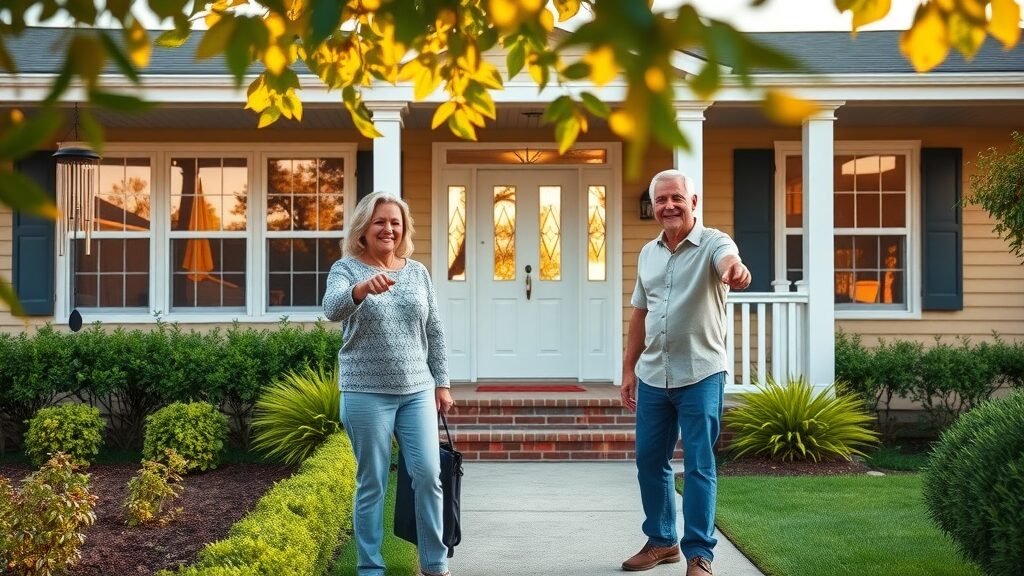 Bright, inviting Eustis home exterior with cheerful residents showing off modern renovation upgrades, landscape improvements, and golden hour lighting, eustis home improvement