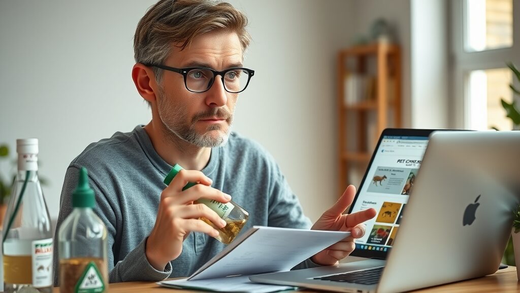 thoughtful pet owner considering DIY pest-friendly pest control methods vs professional pest control kit, comparing options at home in a modern office