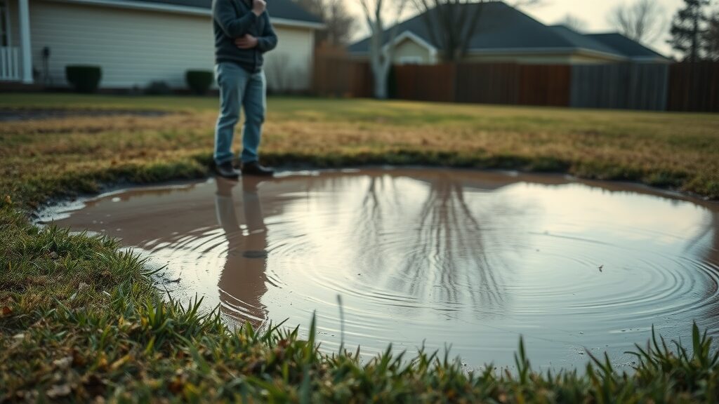 water pooling over septic tank field Eustis, homeowner observing, Photorealistic, muddy pools, lush grass, afternoon light