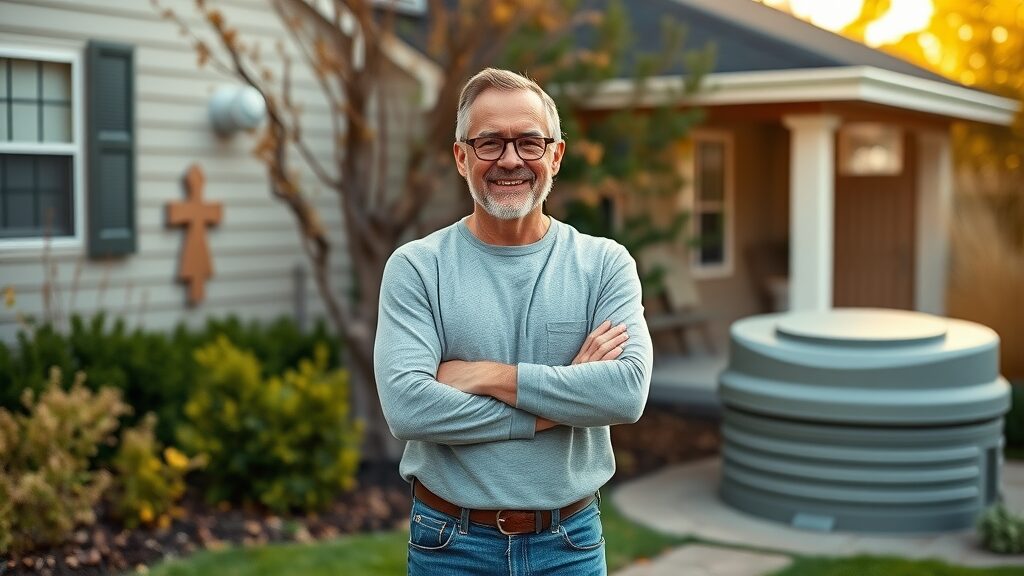 Smiling relieved homeowner outside well-kept home with visible septic tank lid on lawn