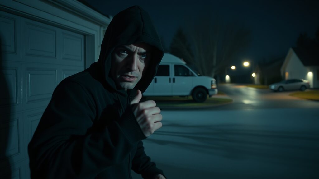 Thief in dark clothing trying to break into a garage door, garage door security risk at night in a suburban driveway