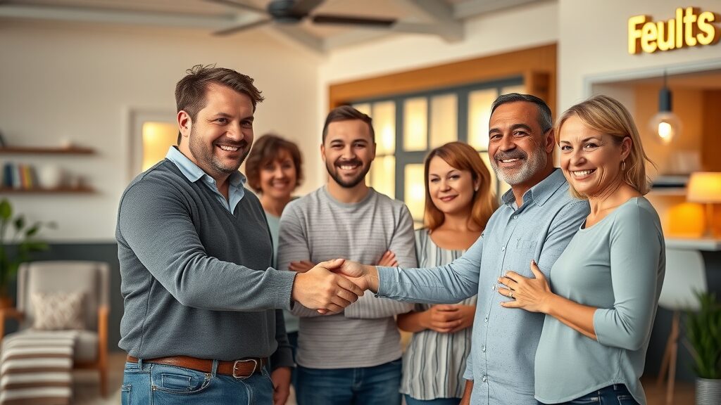 Eustis family and business owners shaking hands with electrician after installation, satisfied customers