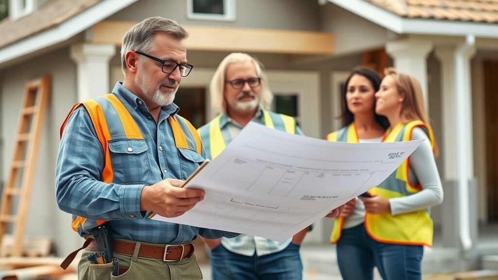 Professional Eustis general contractor reviewing blueprints on-site with satisfied homeowners during a home remodeling project, eustis home improvement general contractor
