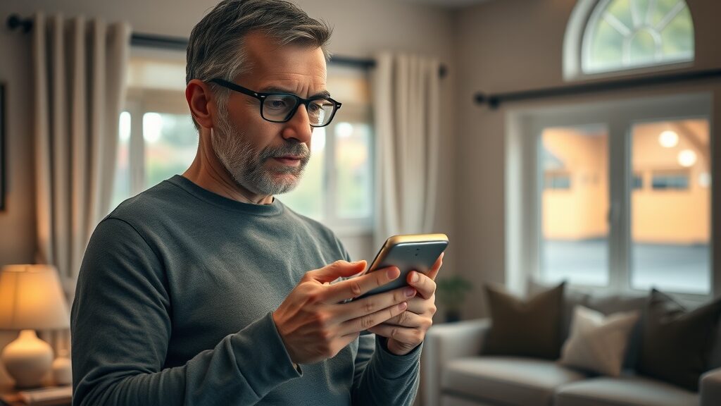 Alert homeowner checking mobile app to confirm garage door auto-close status, warm cozy living room, visible garage through window, garage door open security peace of mind