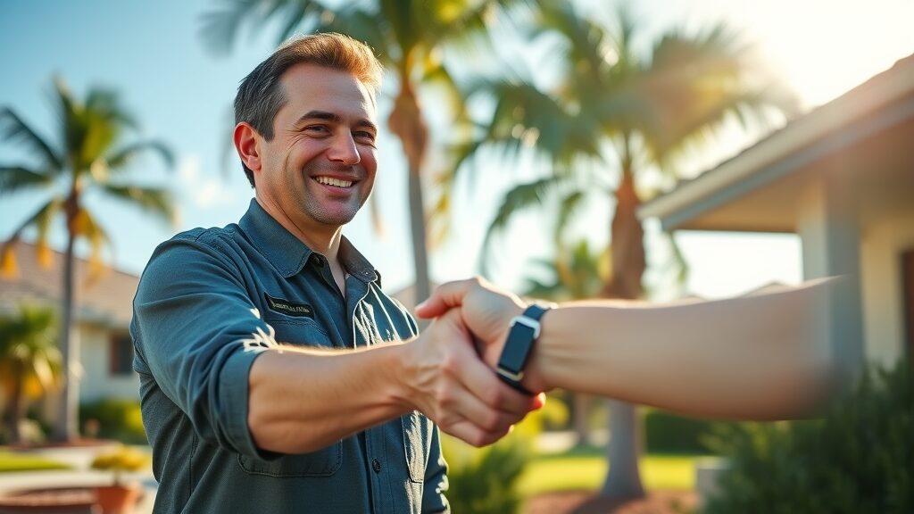 Friendly Florida septic system technician shaking hands with satisfied homeowner, clean yard and blue sky after emergency 24/7 septic system repair Florida.