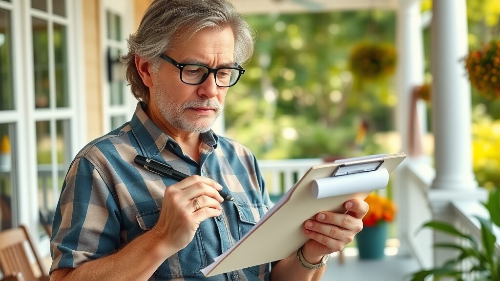 Florida homeowner preparing seasonal home maintenance checklist for emergency repairs, sunny porch, home tools