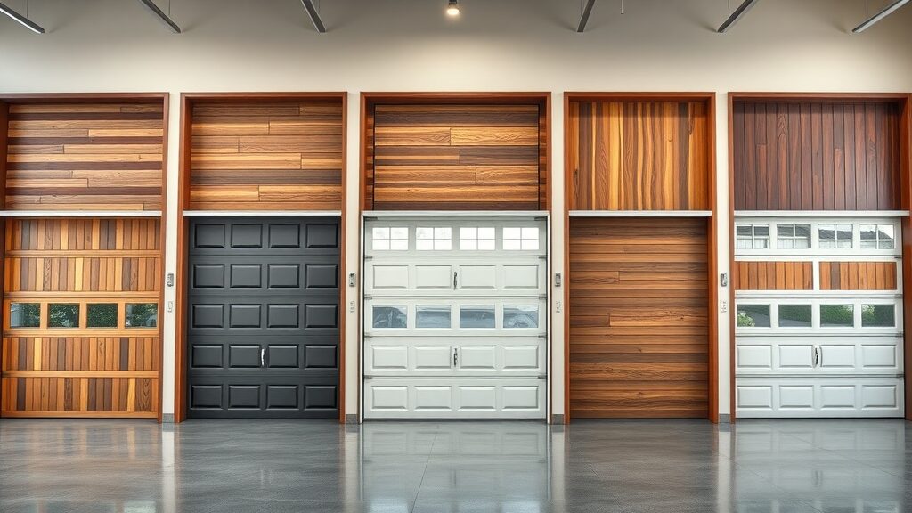 Diverse garage doors in wood, steel, composite. Modern showroom, Eustis. Garage door security comparison.