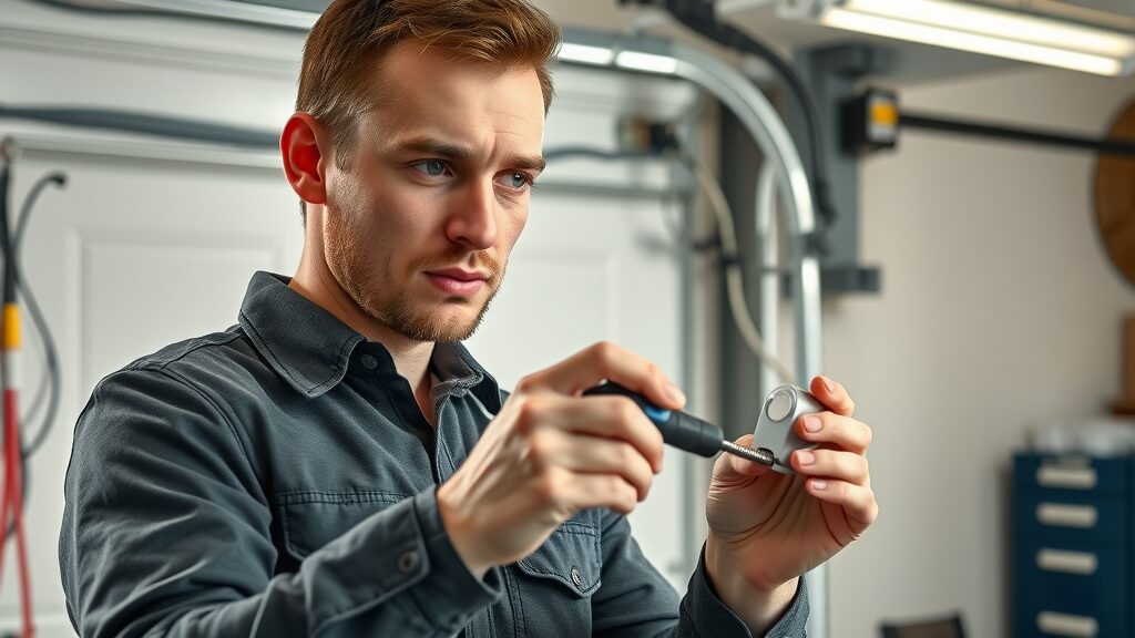technician installing advanced smart automatic door sensor with visible wiring and focused expression in clean residential garage