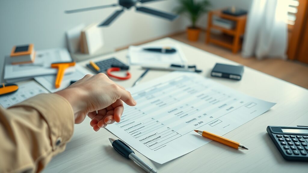 Clear and tidy workspace with tools and open estimate sheets, analytical, person pointing at pricing table, photorealistic high fidelity lifelike, home office background with calculator and notepad, highly detailed, faint motion from a ceiling fan, light blues and whites, soft afternoon lighting, shot with a 35mm camera lens.