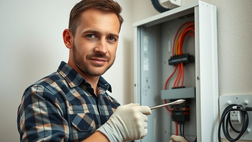Licensed Eustis electrician installing modern electrical panel, organized utility room